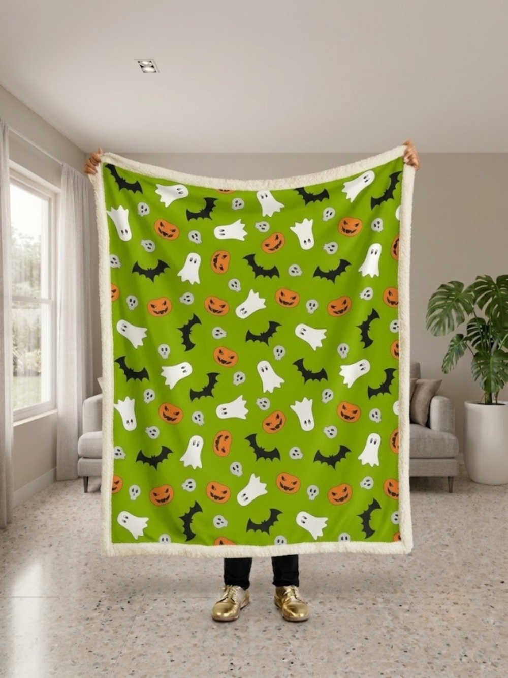Halloween Ghost & Pumpkin Sherpa Throw Blanket - Green
